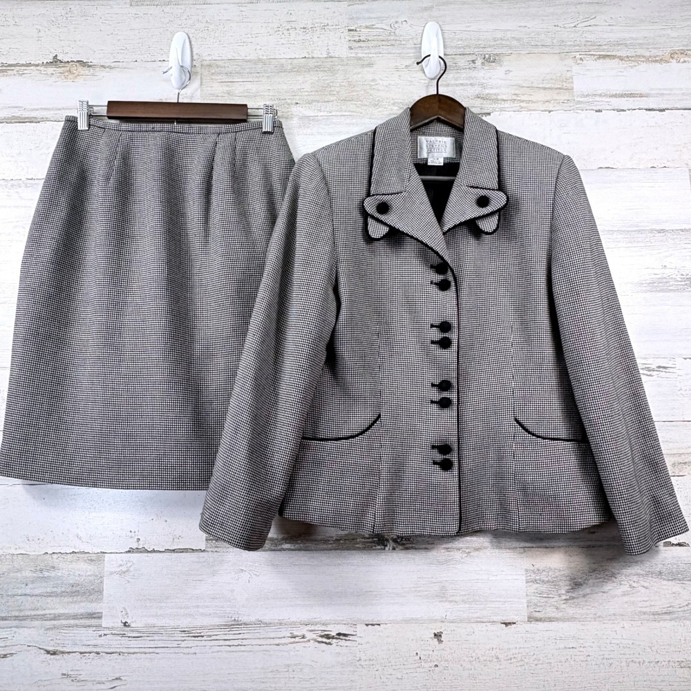 Valerie‎ Stevens Vintage 90s Skirt Suit 10P Black White Houndstooth Corpcore